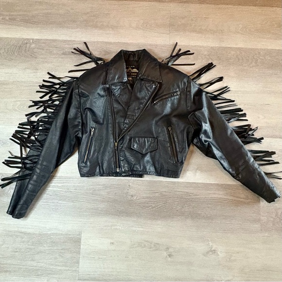 Don’t Stop Vintage Cropped Black Leather Jacket with Fringe Fringes Size S - Picture 6 of 10